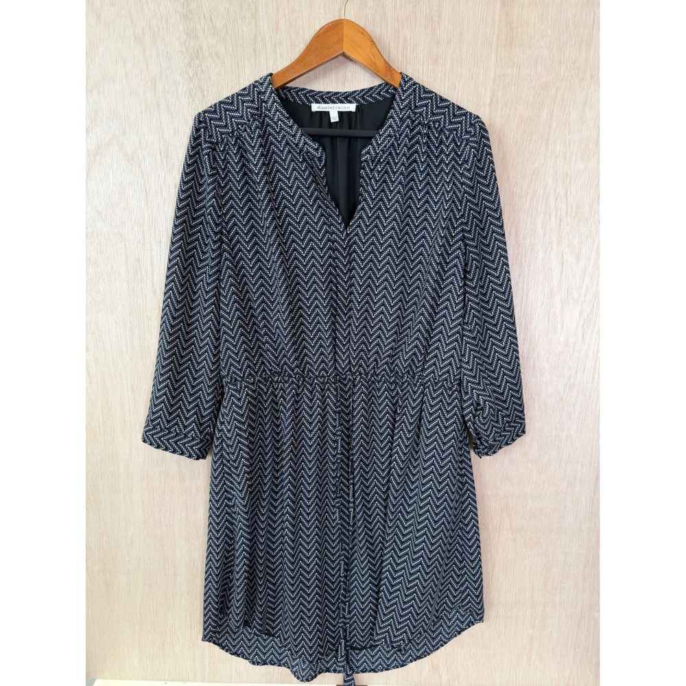 Daniel Rainn Navy Blue White Chevron V-Neck 3/4 Sleeve Elastic Waist Dress L